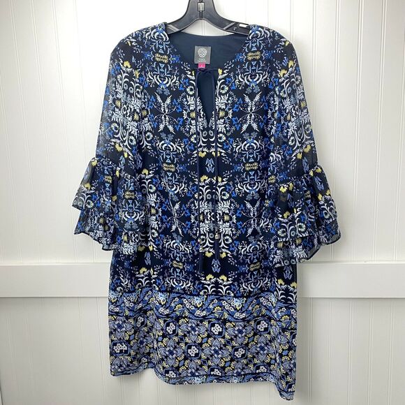 Vince Camuto Mini Dress Sz 6 Navy Blue Floral Tiered Ruffled Sleeve Tassels NEW - Picture 1 of 11